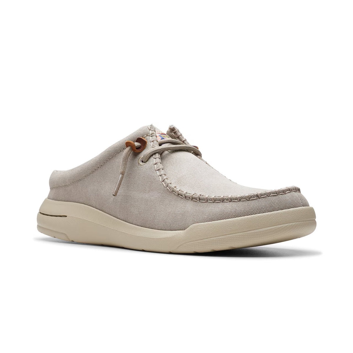 A single Clarks Driftlite Surf Slip On Moc Light Grey Textured - Mens boat shoe with brown laces and an Extreme Comfort foam footbed, displayed against a white background.