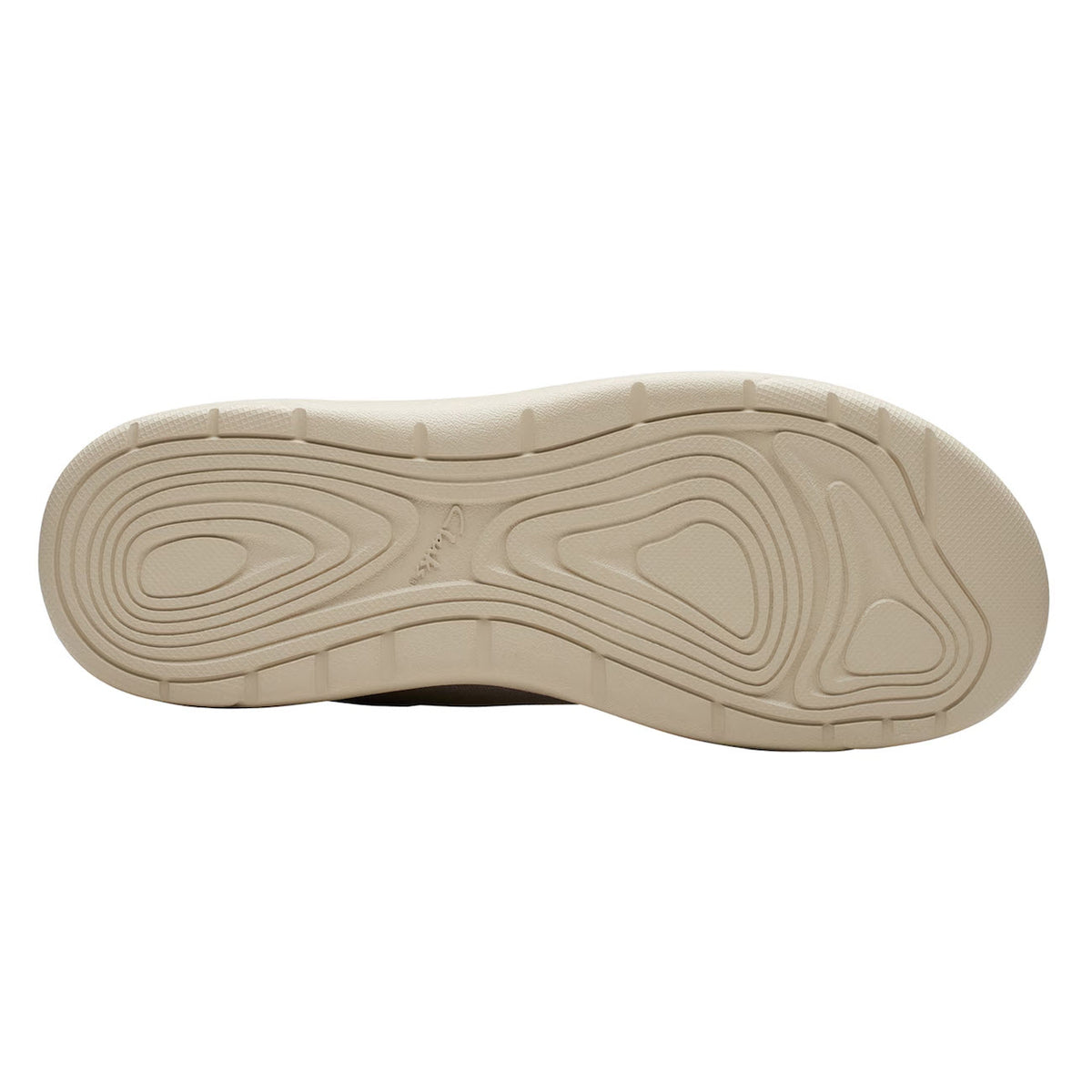 Beige EVA sole of Clarks DriftLite Surf Slip On Moc Light Grey Textured - Mens shoe with a patterned tread and embossed logo visible in the center.