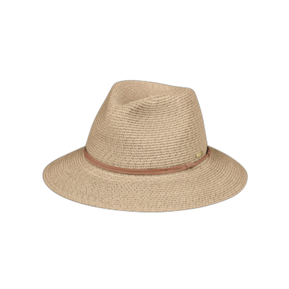 A beige Kooringal Canwell Safari Natural straw fedora hat with a brown ribbon around the base, displayed on a plain white background.