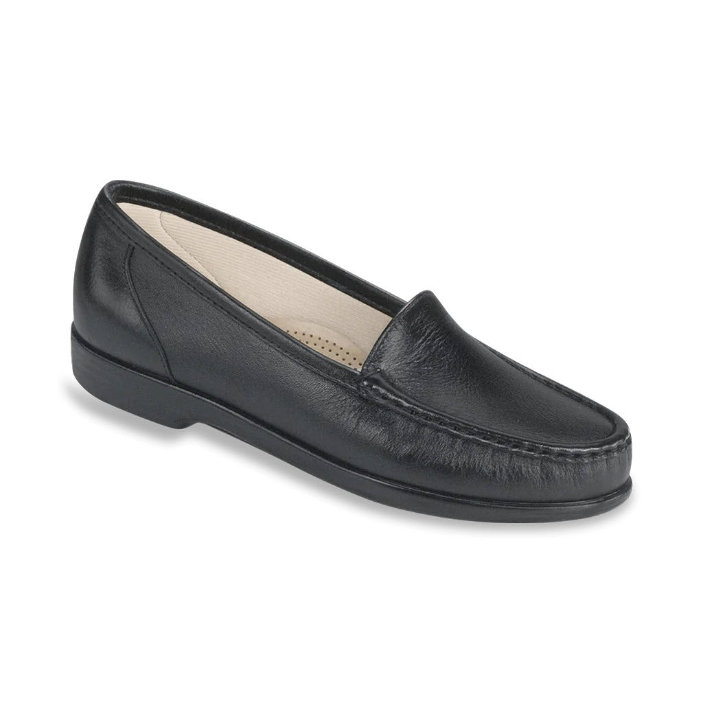 A single SAS Simplify Black loafer with a cushioned footbed displayed against a white background.