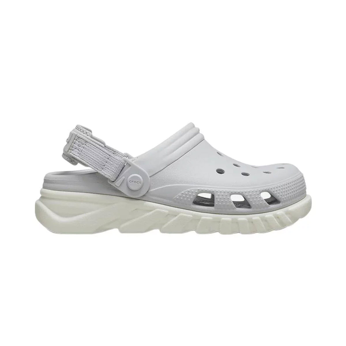 Crocs Duet Max II Clog Atmosphere - Mens in light gray with adjustable back straps and chunky sole, isolated on a white background.
