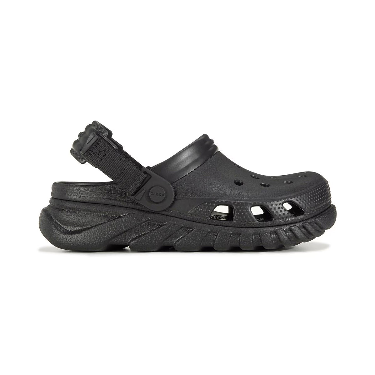 Sentence with replacement: Crocs Duet Max II Clog Black sandal with a thick, rugged sole and adjustable back straps, isolated on a white background.