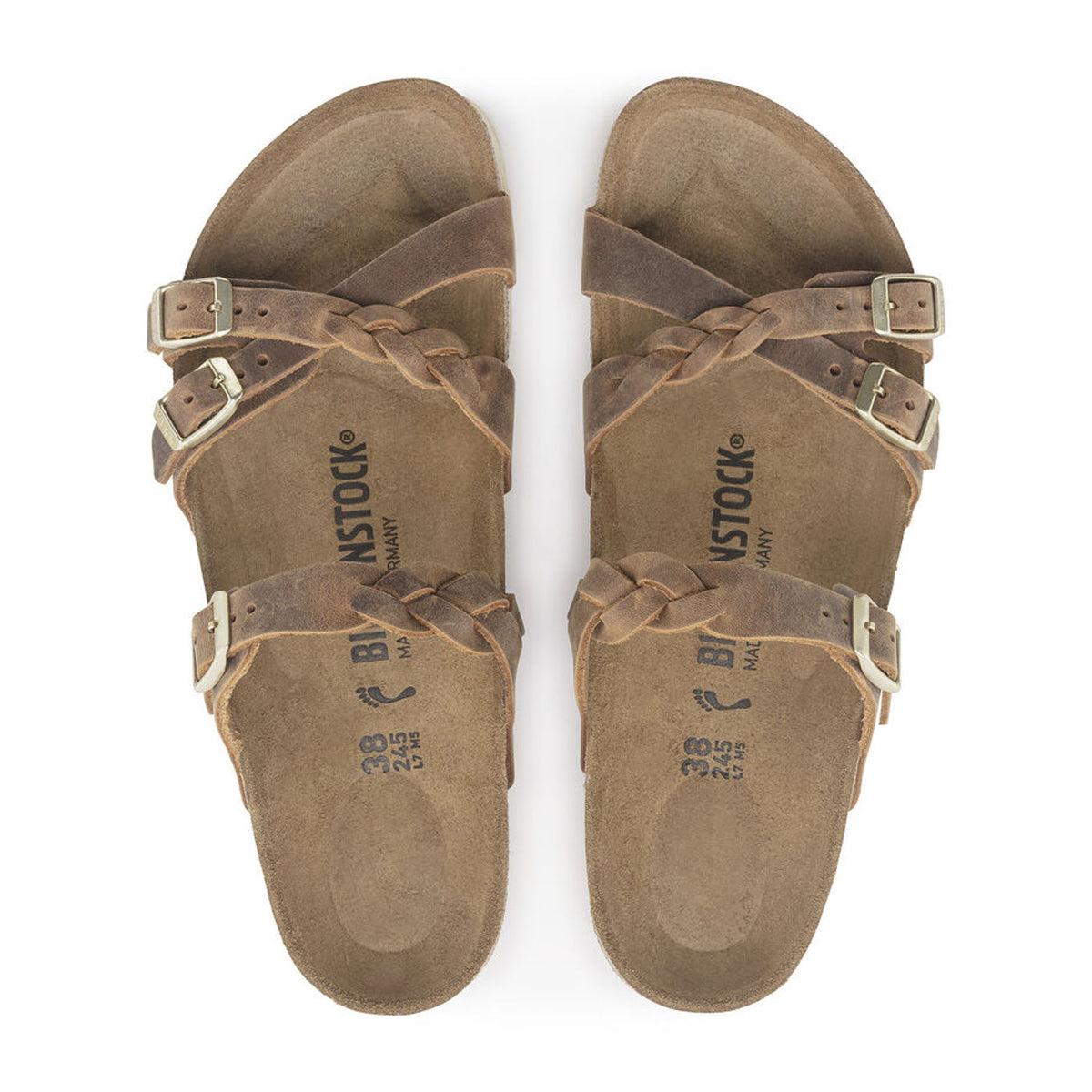 A pair of Birkenstock Franca Braid Cognac sandals with adjustable buckles, viewed from above, displaying visible size markings on the insole.