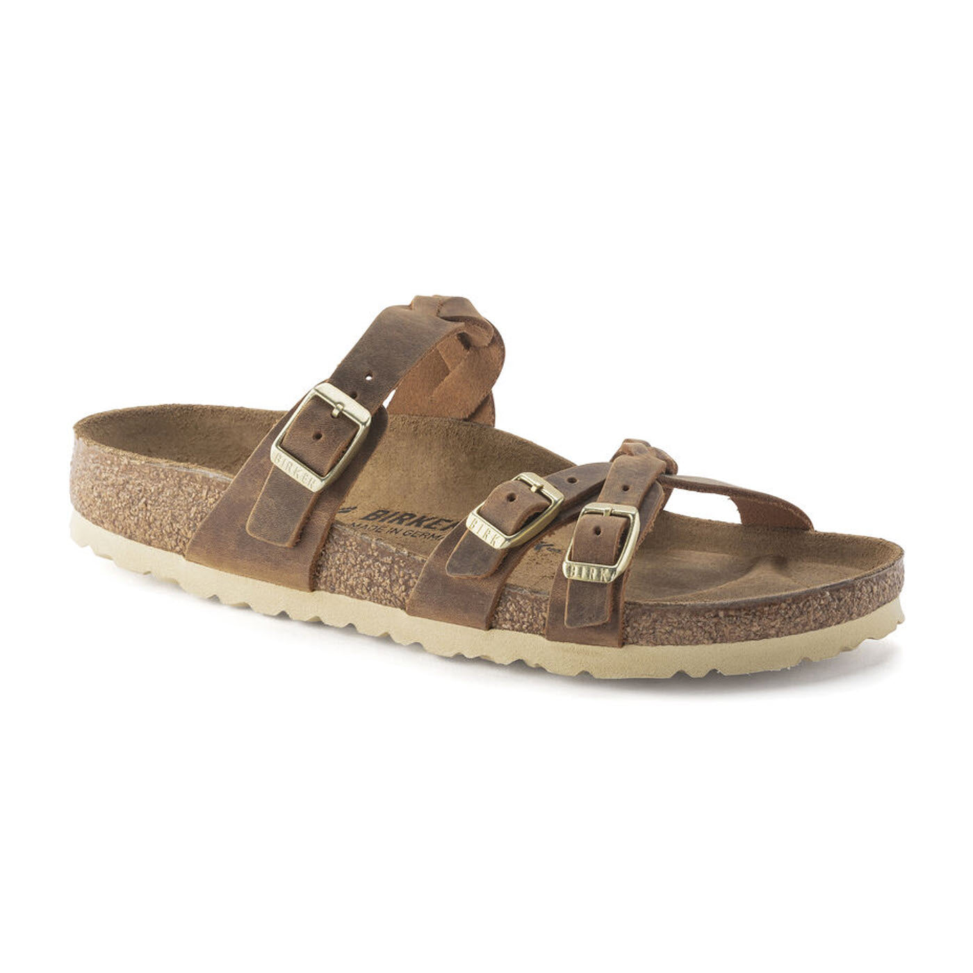 A brown Birkenstock Franca Braid Cognac oiled leather sandal with two adjustable straps and buckle closures, set against a white background.