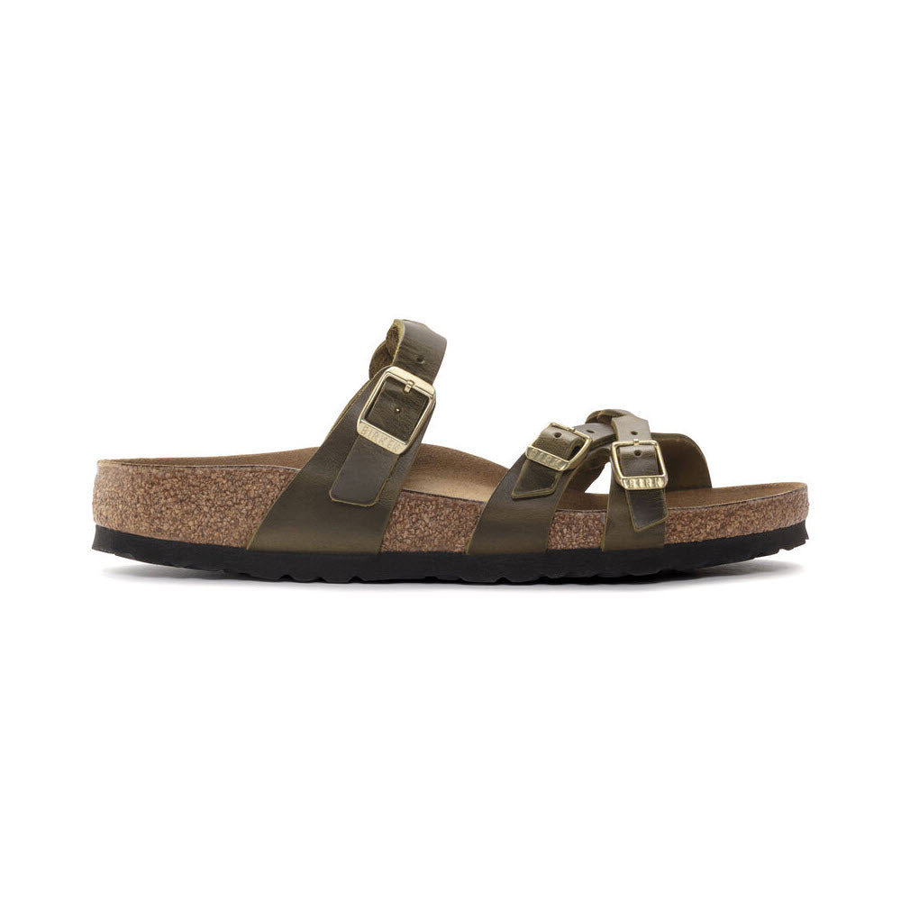 A pair of olive green Birkenstock Franca Braid Green Oiled sandals with dual straps and buckles, featuring a cork-latex footbed and a black outsole, isolated on a white background.