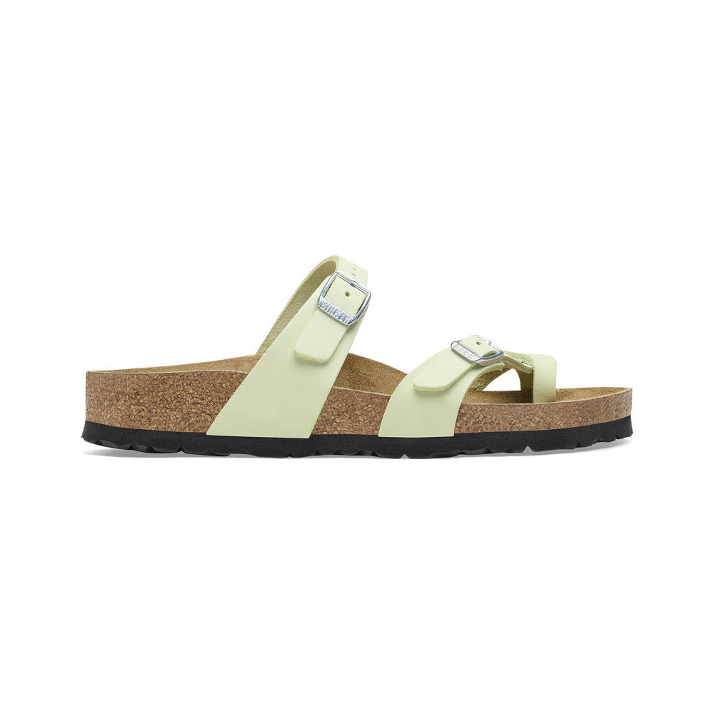 A pair of Birkenstock Mayari Faded Lime sandals with cork-latex footbeds and adjustable buckle straps, isolated on a white background.