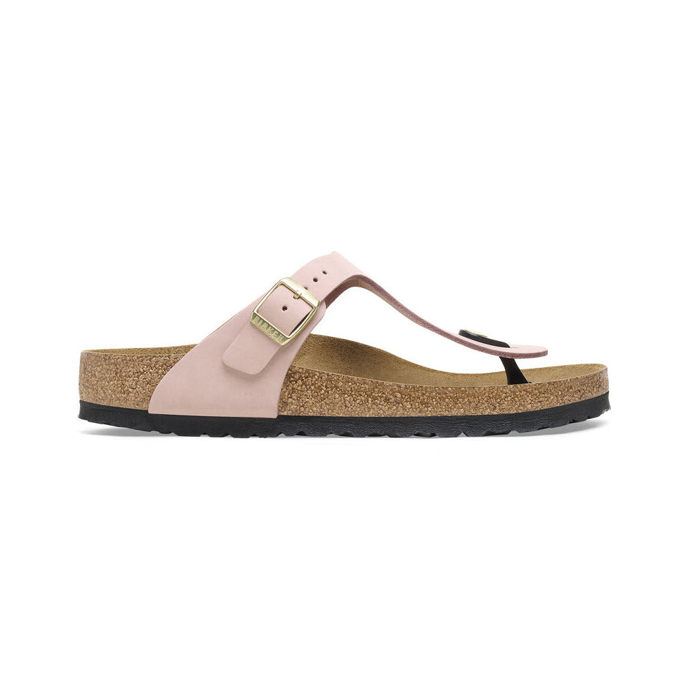 Pink single-strap Birkenstock Gizeh Soft Pink sandal with cork footbed and black sole, shown in a side profile on a white background.