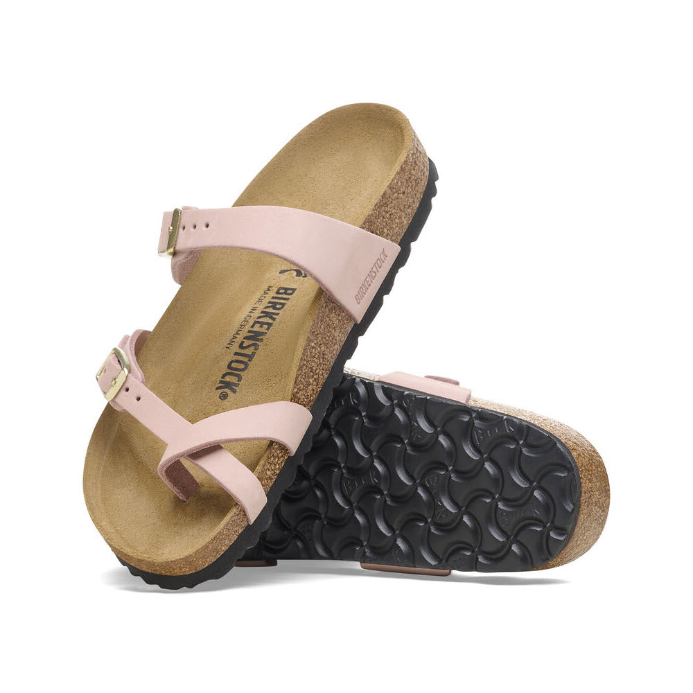 A pair of pink Birkenstock Mayari Soft Pink sandals with cork-latex footbeds and adjustable straps, displayed against a white background.