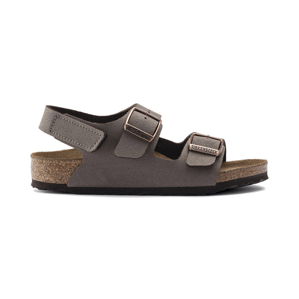A single brown Birkenstock Milano Hook & Loop Mocha Birkibuc sandal with two adjustable straps and a cork footbed, isolated on a white background.