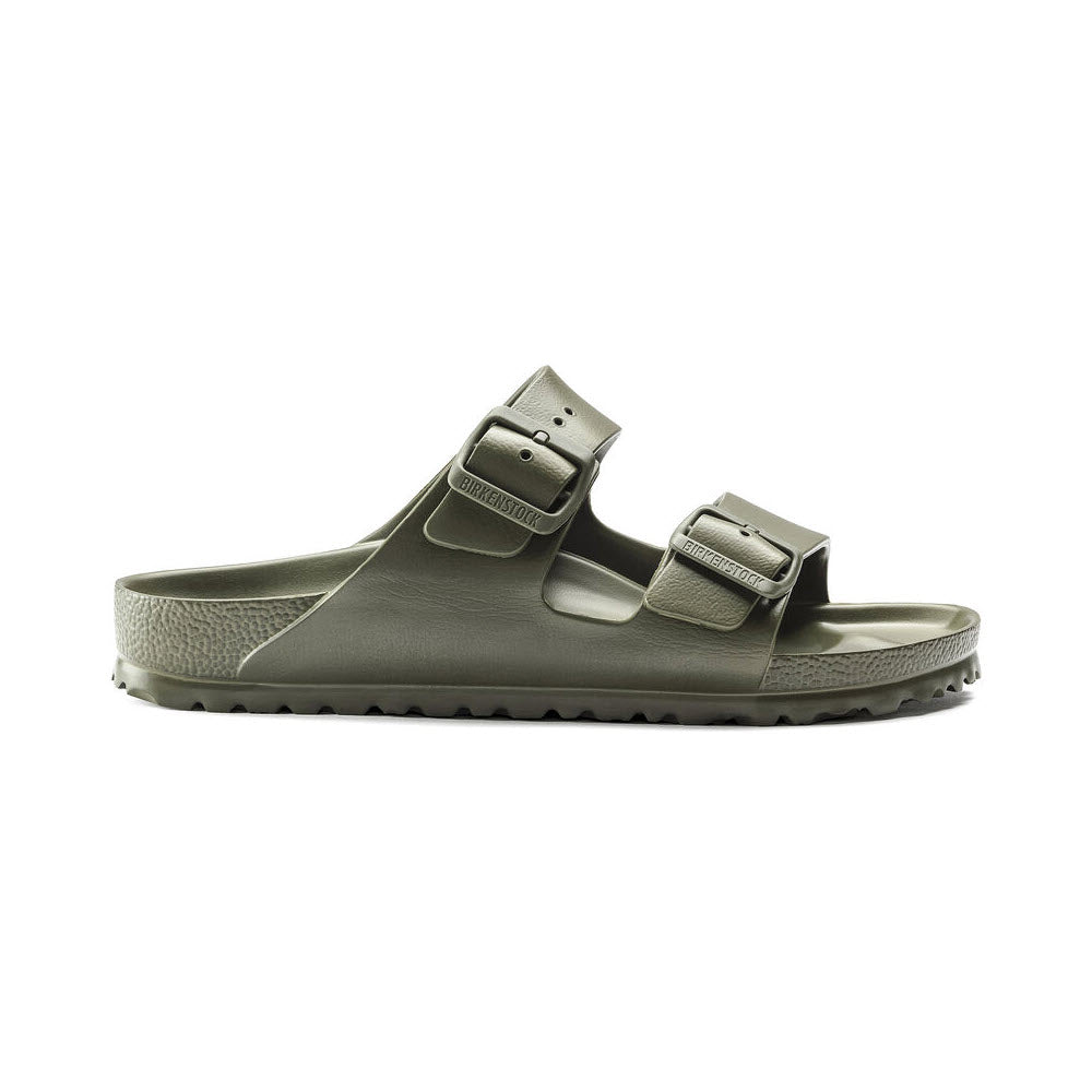 A single Birkenstock Arizona EVA Khaki sandal with adjustable straps and a textured sole, isolated on a white background.