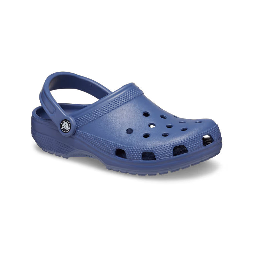 A single blue Crocs Classic Clog displayed on a white background, showing its perforated top and pivoting heel strap.