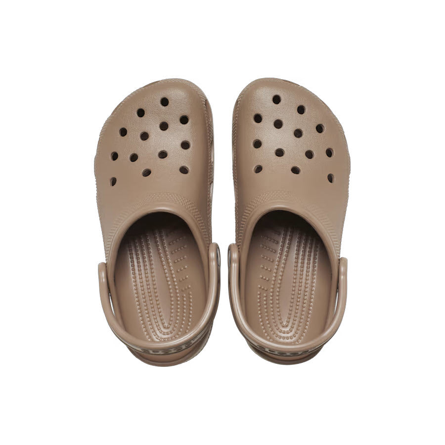 A pair of beige Crocs Classic Clog Latte - Adults with perforations on the top, viewed from above.