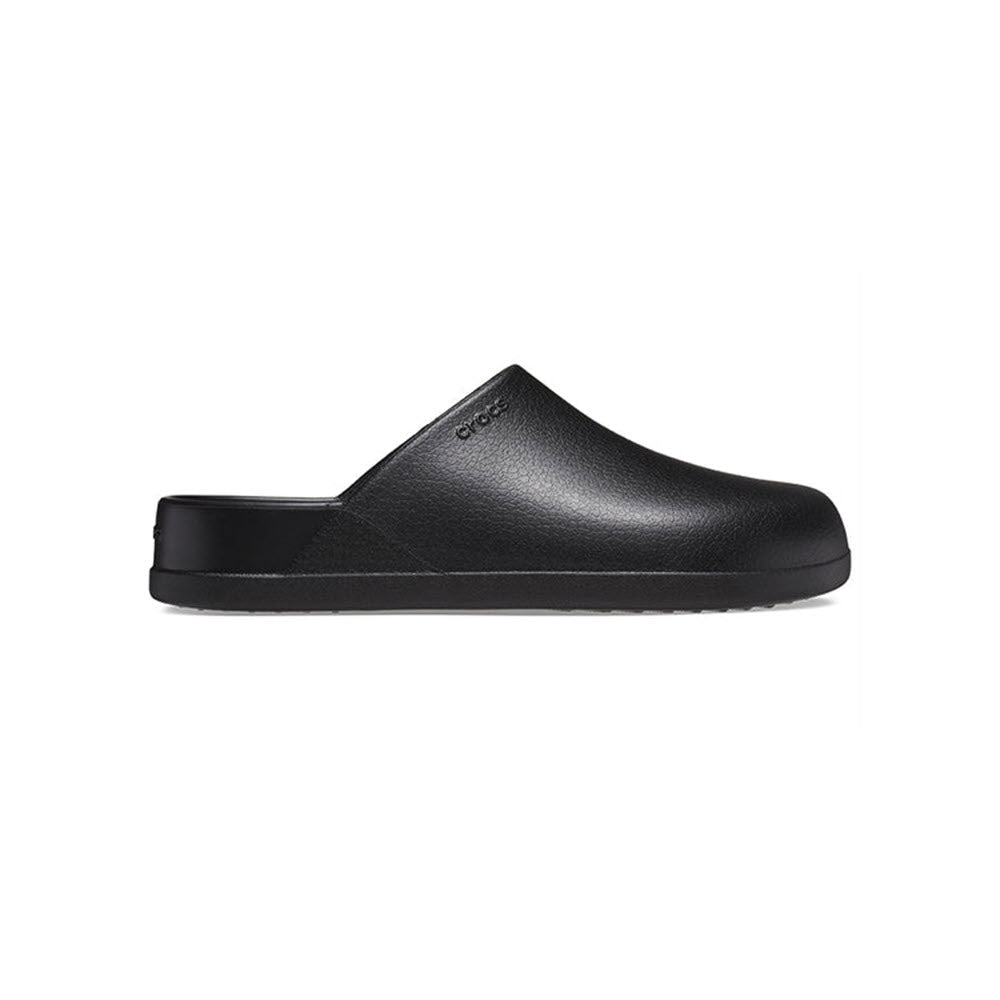 A black, low-profile slip-on shoe with Iconic Crocs Comfort and a small Crocs logo on the upper side.