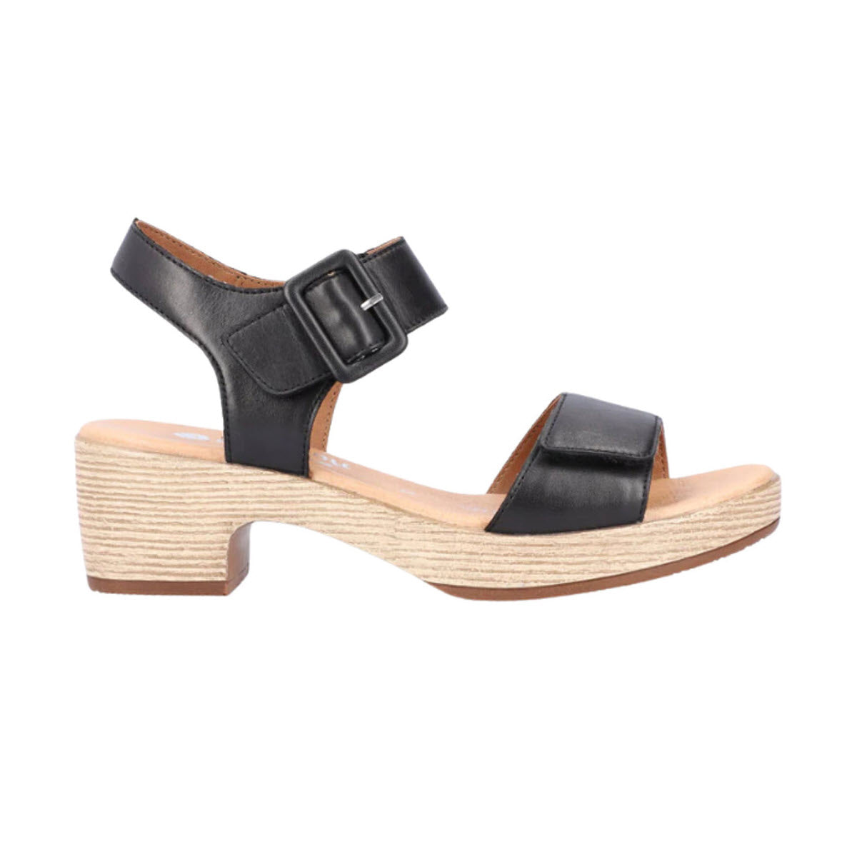 Remonte black leather upper sandal with a chunky beige heel and a buckle strap, isolated on a white background.