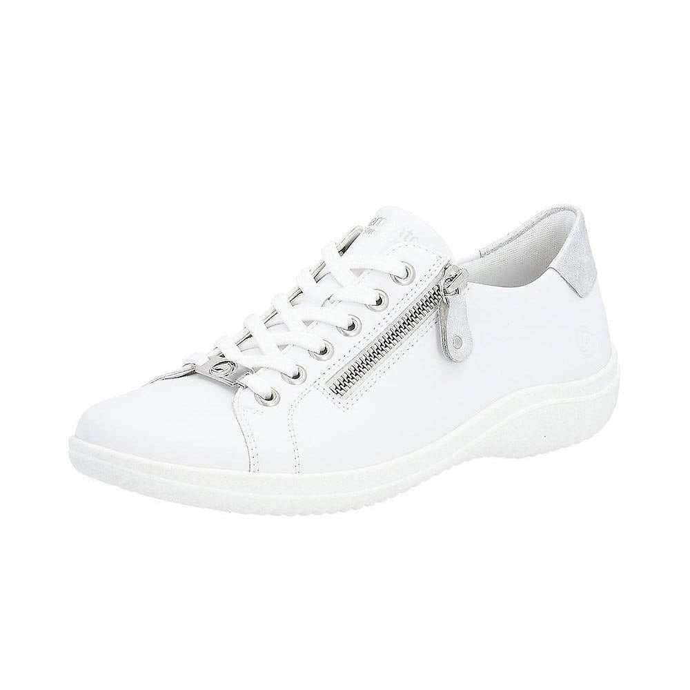 A white, low-top Remonte Euro City Walker All White sneaker with laces and a zipper on the side on a plain white background.