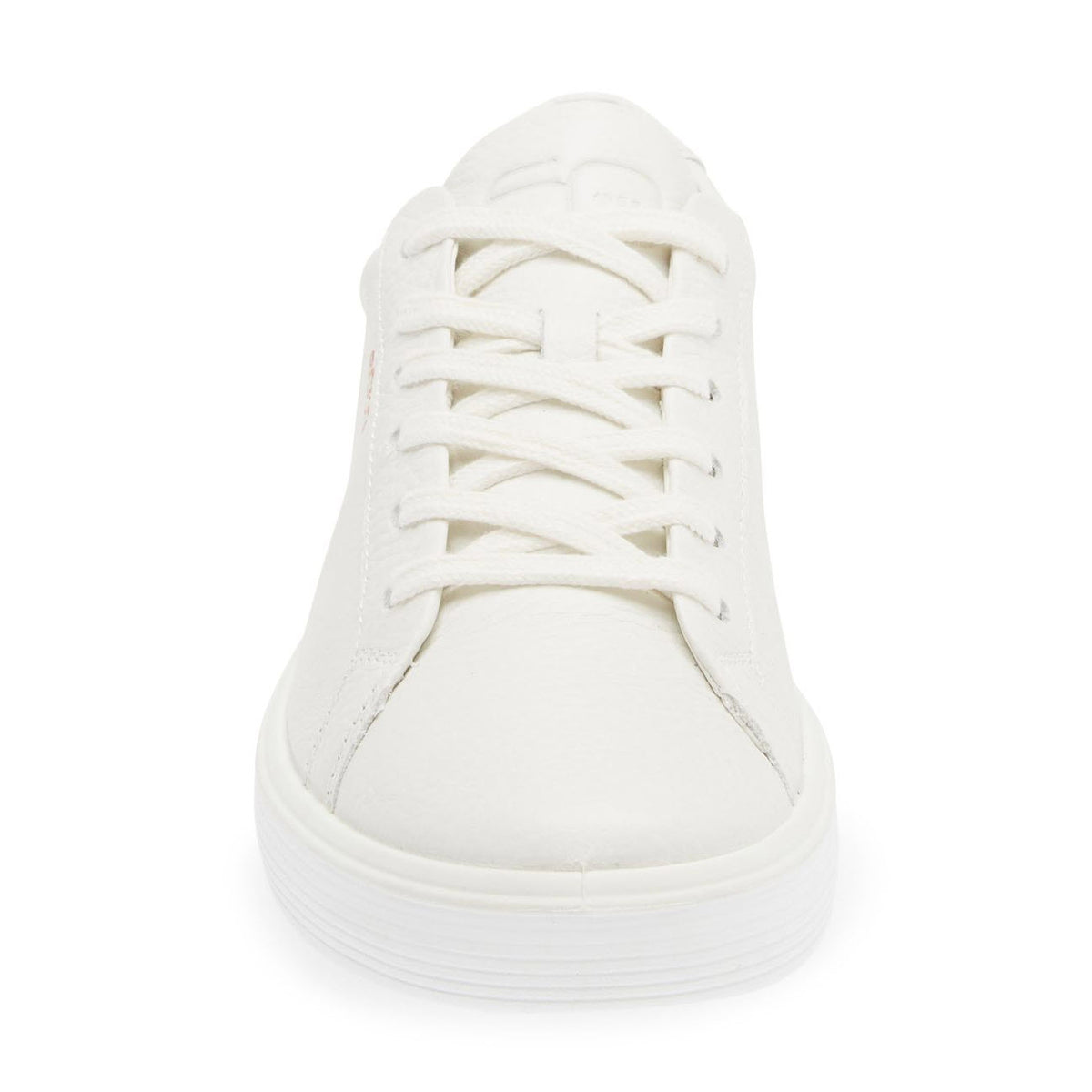Front view of a Ecco white lace-up sneaker with a padded footbed on a white background.
