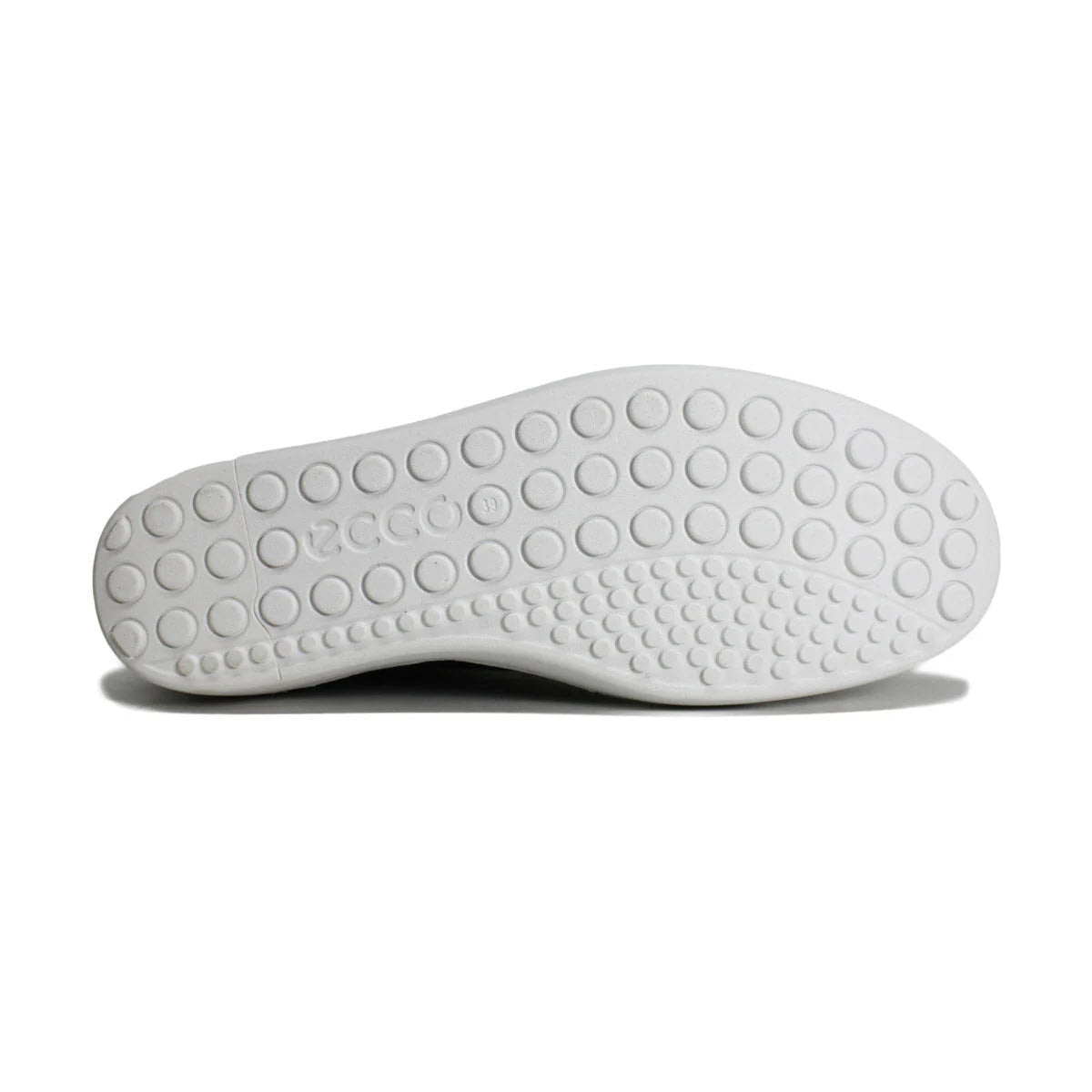 White ECCO Soft 60 sneaker sole with circular tread patterns and a padded footbed, isolated on a white background.