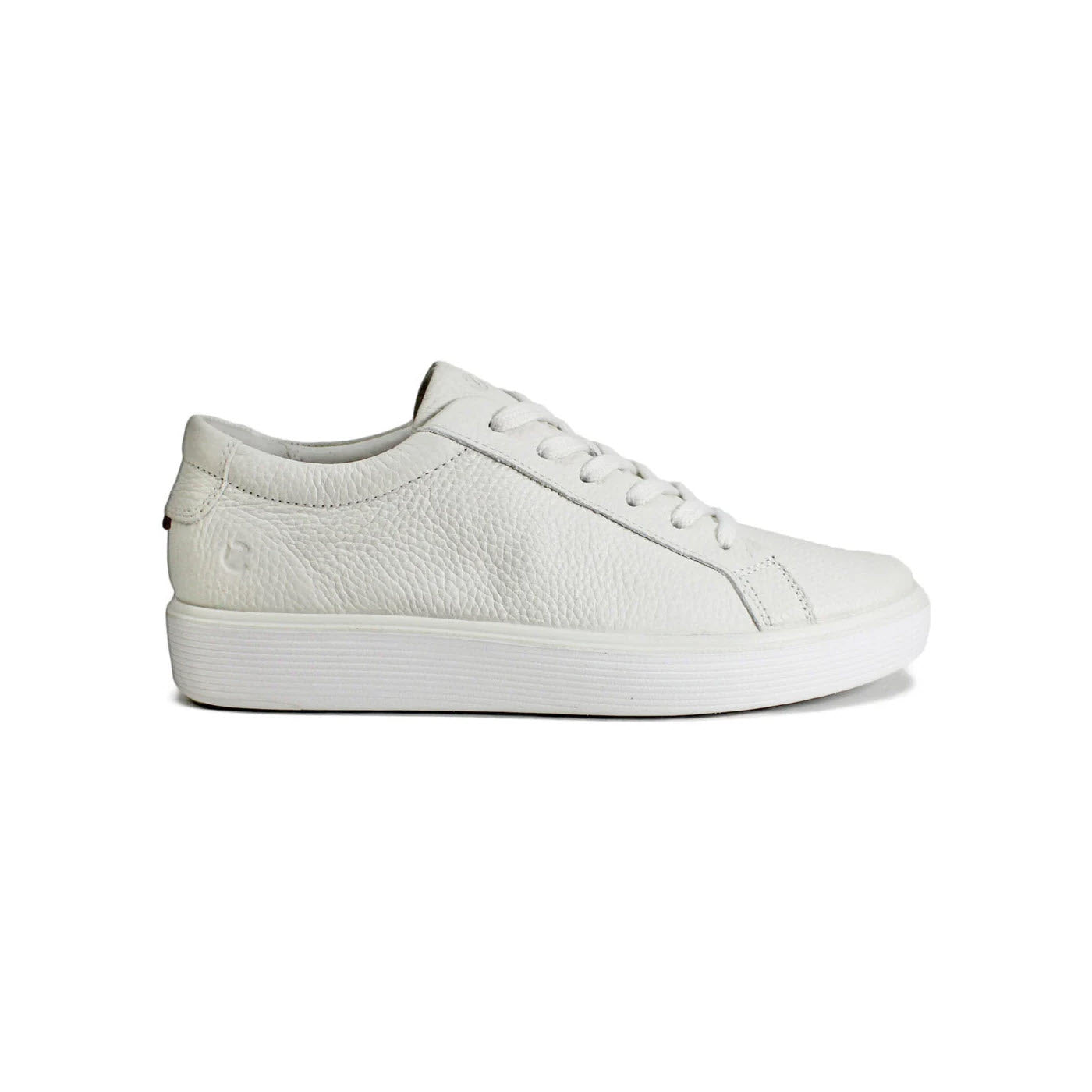 Ecco Soft 60 White low-top sneaker with a textured upper and thick sole, featuring a padded footbed, displayed against a plain white background.