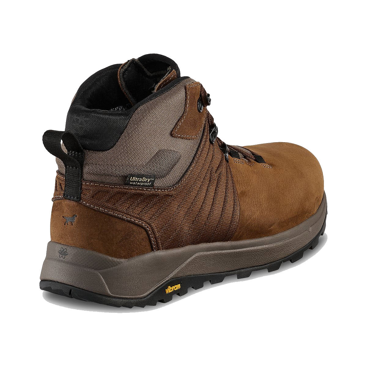 A single IRISH SETTER CASCADE 5 INCH SAFETY TOE BOOT BROWN - MENS with a black Vibram® Bayu sole, labeled &quot;ultradry&quot; and featuring a small logo of a moose on the side.