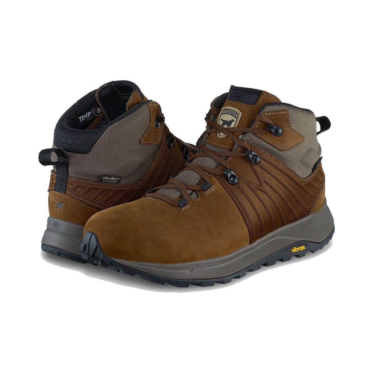 A pair of Irish Setter Cascade 5 Inch Safety Toe Boots in brown with black and gray accents, featuring an aluminum toe cap and rugged soles.