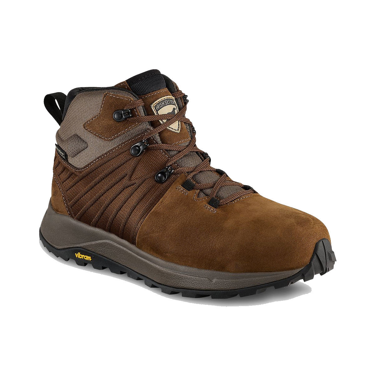 Brown Irish Setter Cascade work boot with metal eyelets and a Vibram® Bayu sole, displayed against a white background.