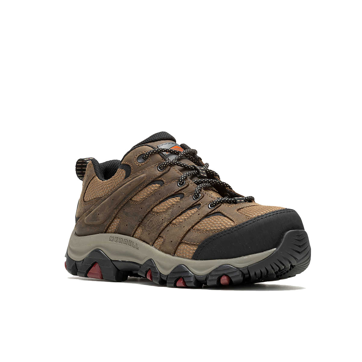 A single brown Merrell Moab Vertex 2 Low hiking shoe with a heat-resistant outsole and black and red accents on a white background.