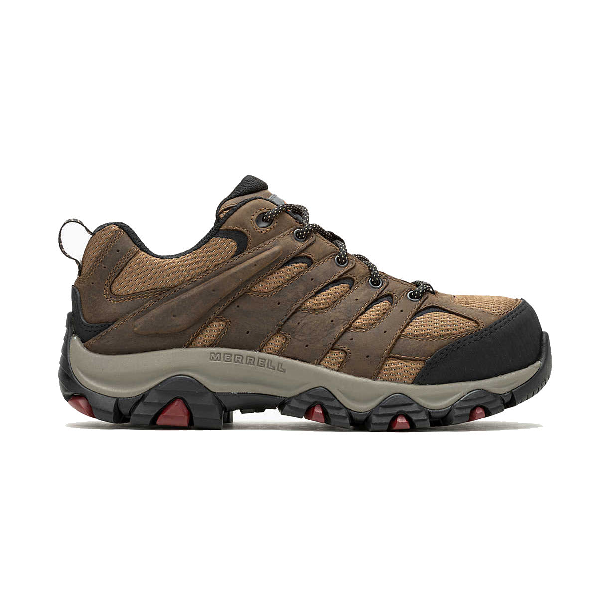 A pair of Merrell Moab Vertex 2 Low Carbon Fiber Waterproof Leather brown hiking shoes with visible branding and heat-resistant outsole.
