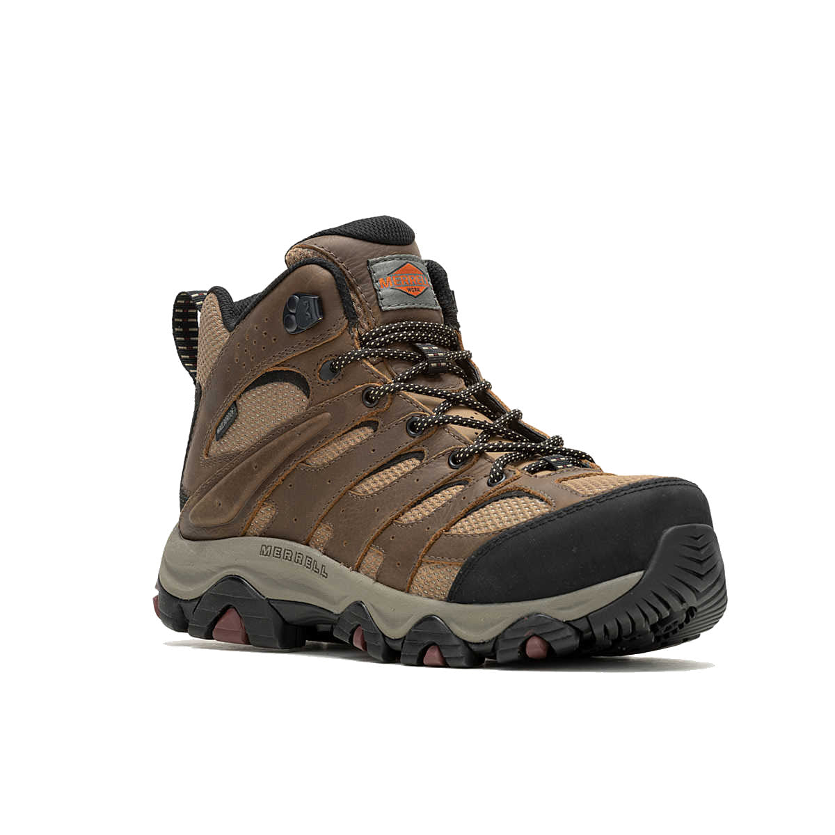A single Merrell hiking boot with black and gray accents, featuring a robust tread, lace-up front, and an EH-rated protection.