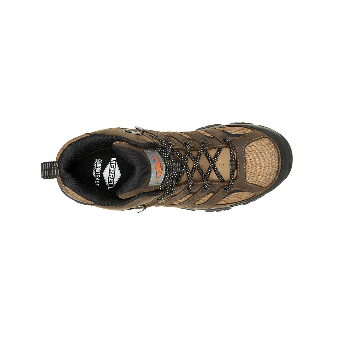 Top view of a brown Merrell Moab Vertex 2 Mid hiking boot with black and orange details, displaying laces and a Carbon Fiber safety toe with a mesh upper design.