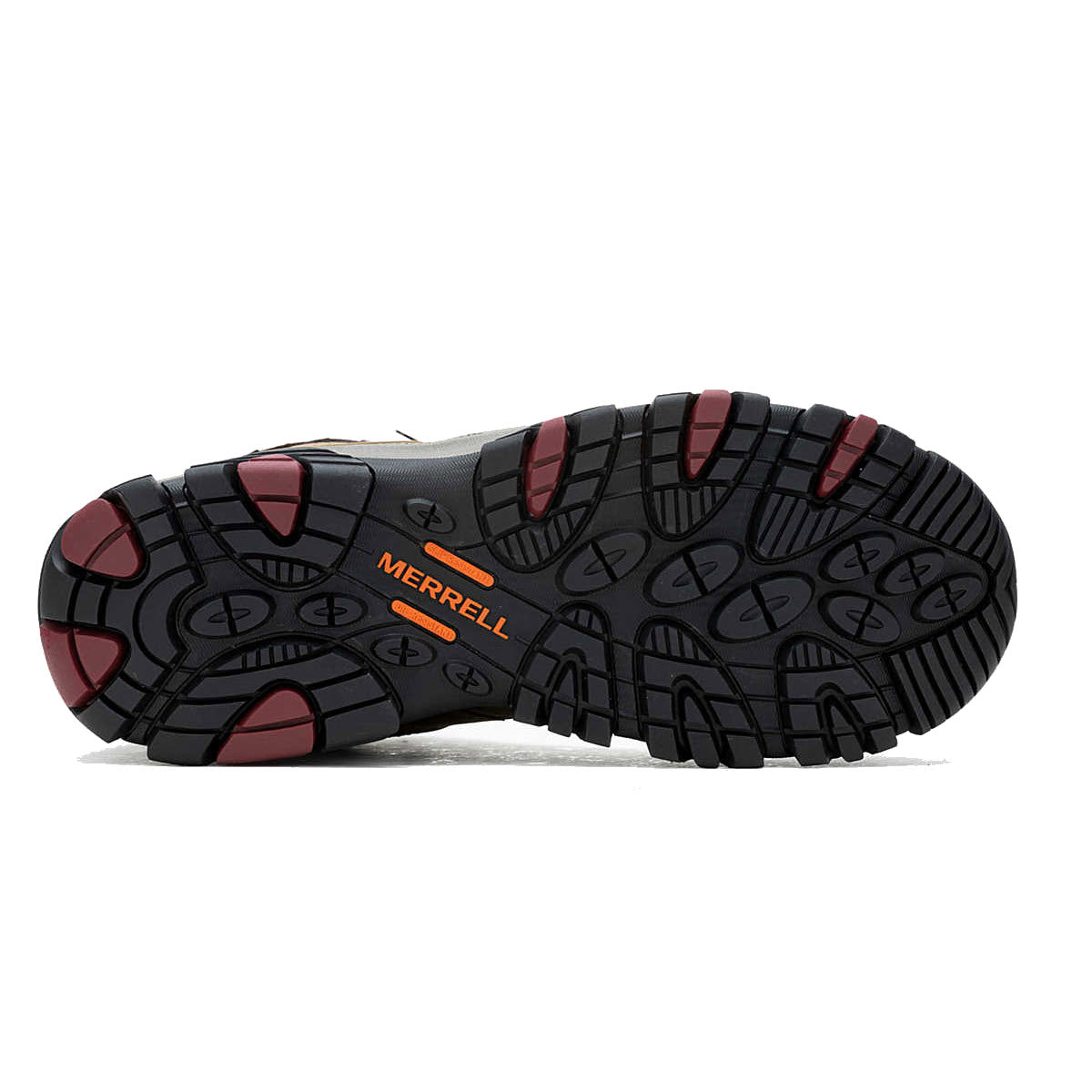 Treaded sole of a Merrell hiking shoe with black and red detailing, displaying the Merrell brand name prominently, and featuring an EH-rated protection.