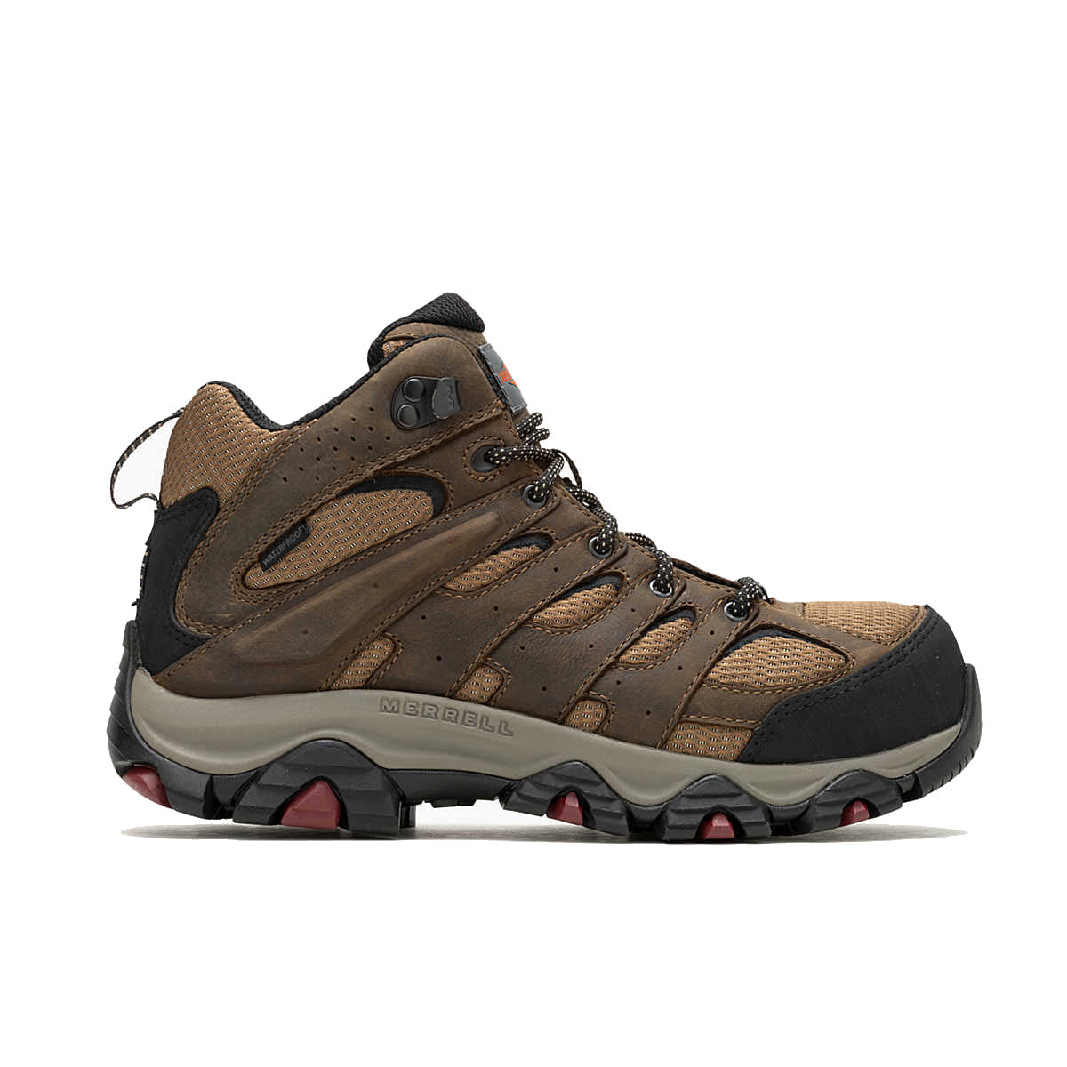 Brown and black Merrell hiking boot, side view, featuring prominent stitching and a rugged, heat-resistant outsole.