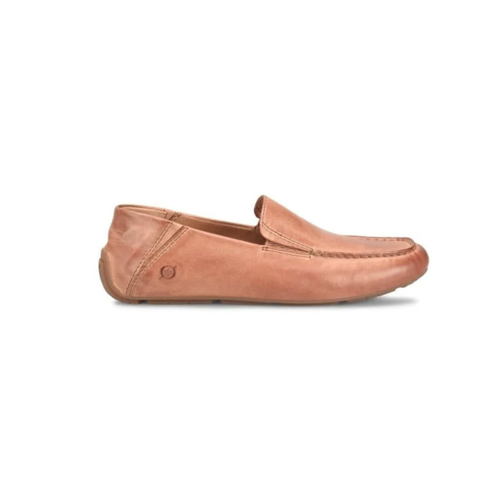 A single cognac BORN Marcel slip on driving moc shoe displayed on a white background, featuring a rounded toe and stitch detailing.