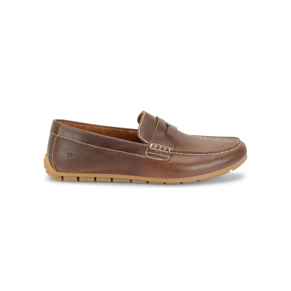 A single dark brown full-grain leather loafer with a penny slot strap and a rubber sole, isolated on a white background - Born Andes Slip On Penny Loafer.