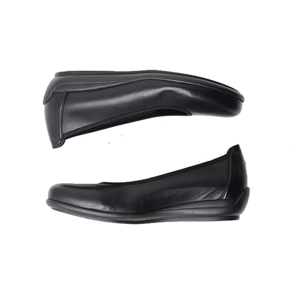 A pair of Wolky Duncan F2F Black Biocare Stretch - Women&#39;s ballet flats with a flexible rubber sole, shown from side and top views on a white background.