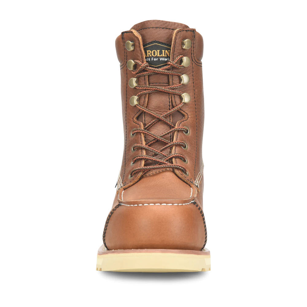 Front view of a single Carolina Composite Toe 8 Inch Staple Gun Waterproof Wedge Boot Russet Brown - Mens with laced-up front, visible stitching, and an oil and slip-resistant rubber outsole on a white background.