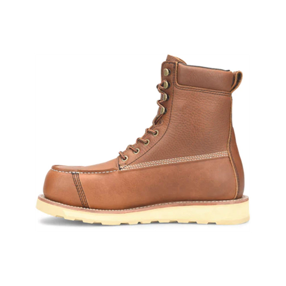 A single Carolina composite toe 8 inch staple gun waterproof wedge boot russet brown - mens, with laces, a carbon composite safety toe, and a light-colored sole, displayed against a white background.