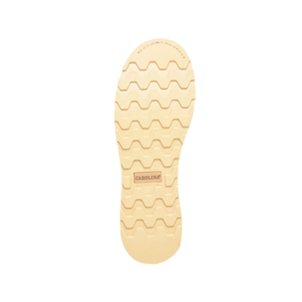 Bottom view of a shoe sole with oil and slip-resistant rubber outsole and a &quot;Carolina&quot; label, displayed on a solid beige background.
