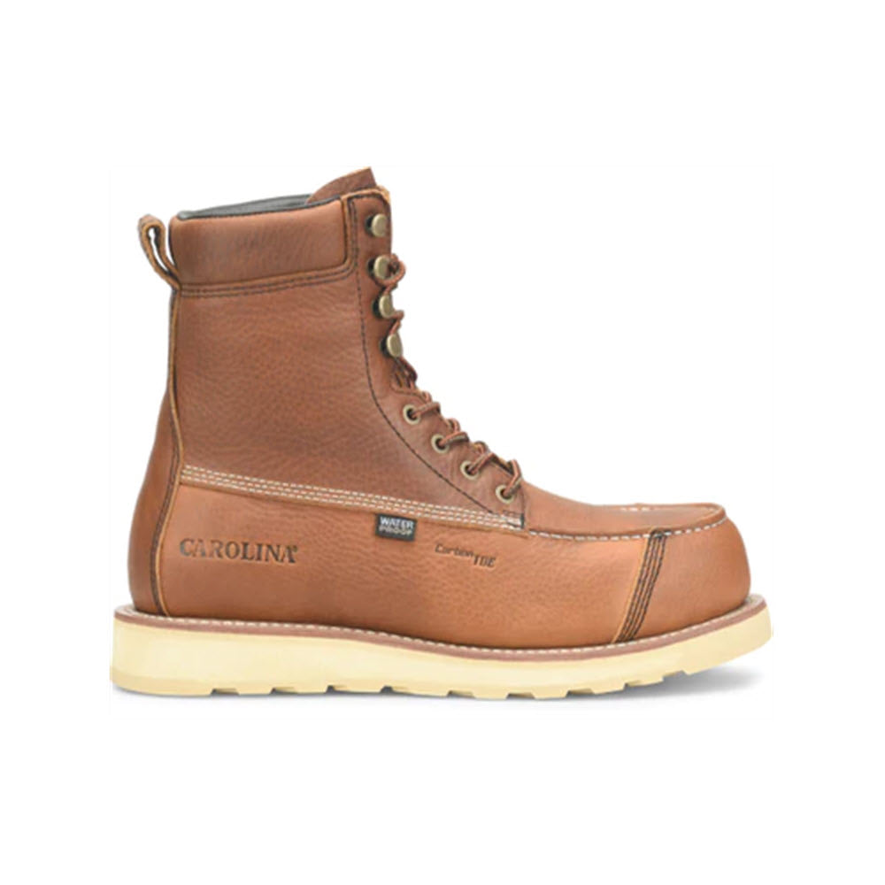 A brown leather Carolina Composite Toe 8 Inch Staple Gun Waterproof Wedge Boot Russet Brown - Mens with a carbon composite safety toe and laces on a white background.