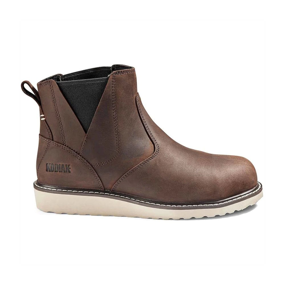 Brown leather Kodiak Chelsea boots with elastic side panels and a thick, slip-resistant outsole.