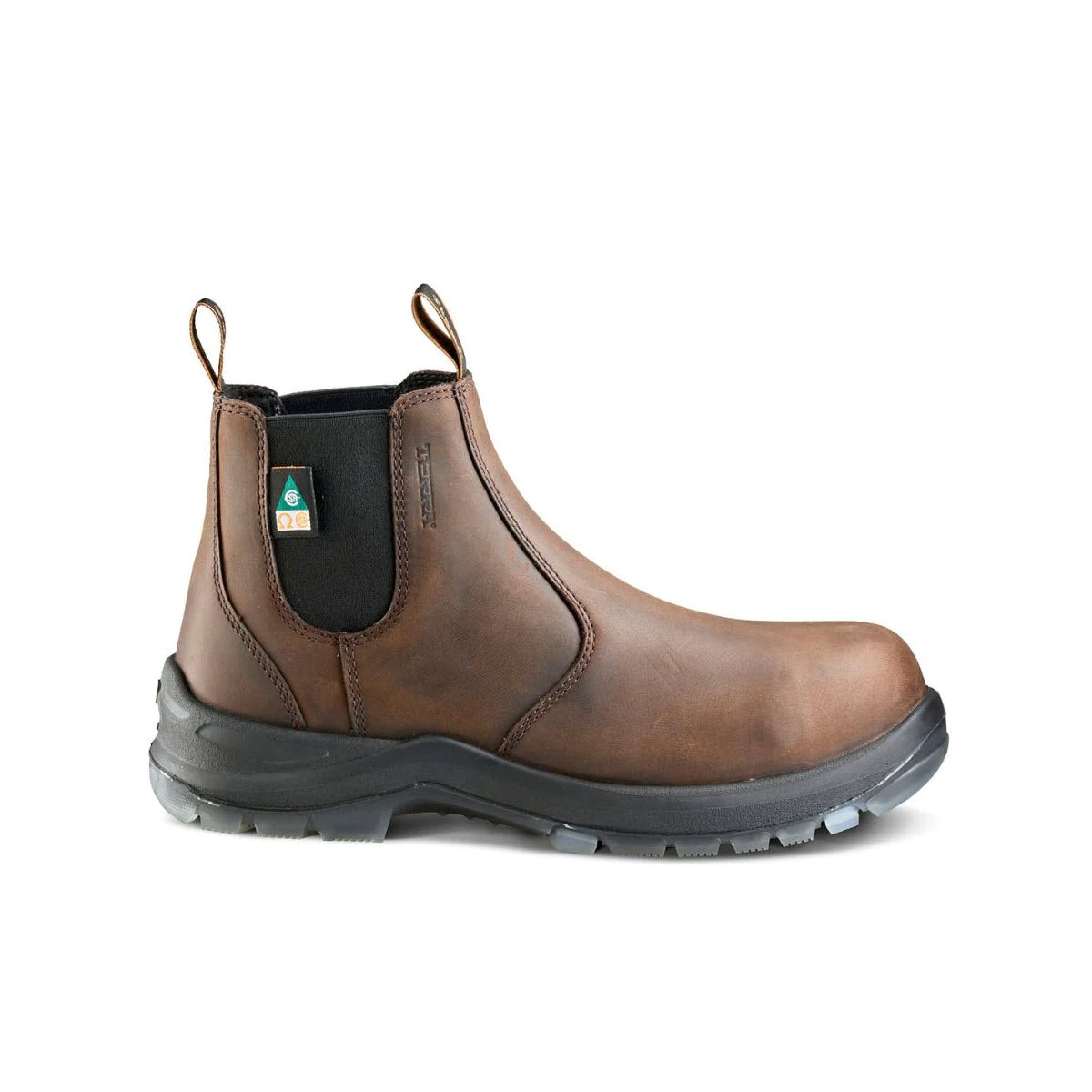 A single Terra Composite Toe Murphy waterproof Chelsea boot in dark brown leather with elastic side panels and a heavy-duty rubber sole, isolated on a white background.