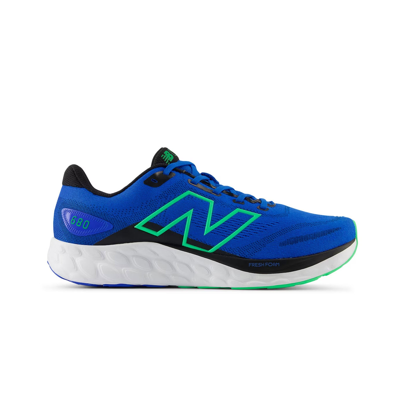 A blue New Balance 680v8 running shoe with a large green "n" logo on the side, white soles, and labeled with "680" near the heel.