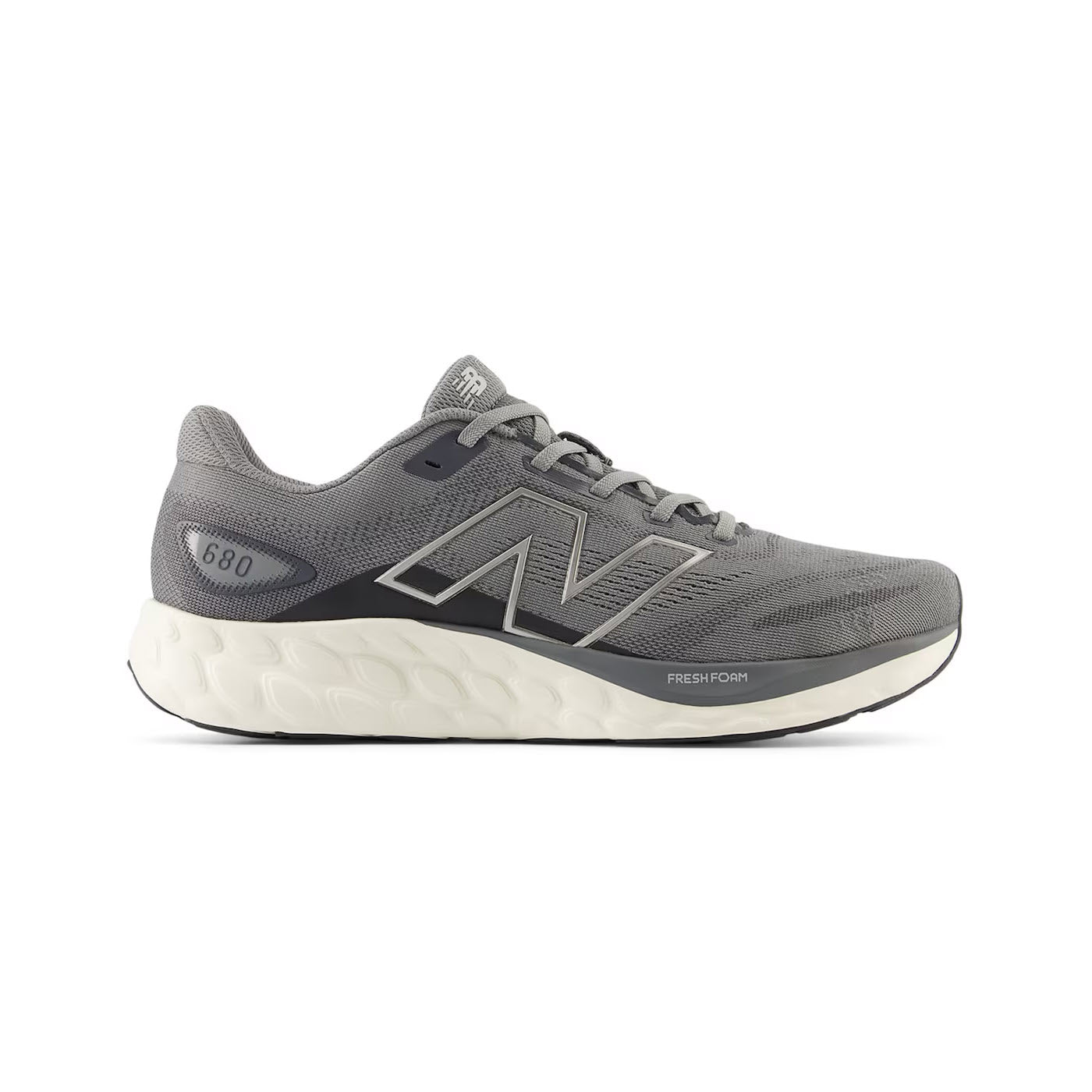 A New Balance 680v8 Blue Harbor Grey/Magnet/Dark Silver running shoe with a white sole, featuring the logo on the side and "fresh foam" text on the cushioned midsole.
