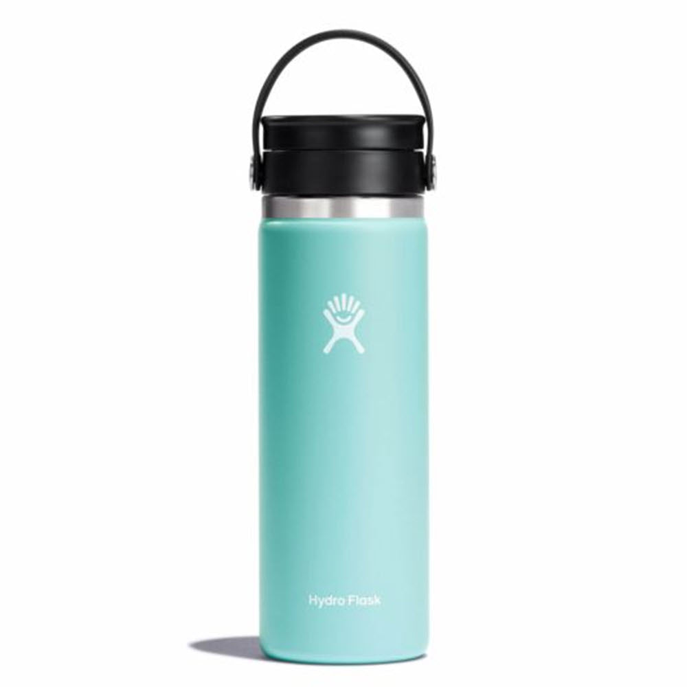 Insulated stainless steel water bottle in aqua color with a black lid and handle, featuring a white logo on its side. This is the Hydro Flask Wide Mouth Flex Cap 20oz Dew bottle.