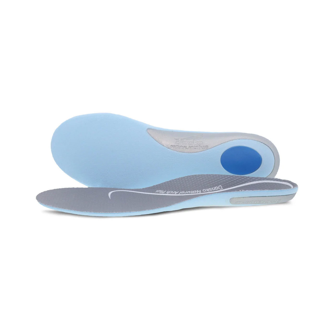 A pair of Dansko Footbed Active All Day Comfort orthotic shoe insoles, blue and gray, designed for arch support with anti-microbial conditioning, displayed against a white background.