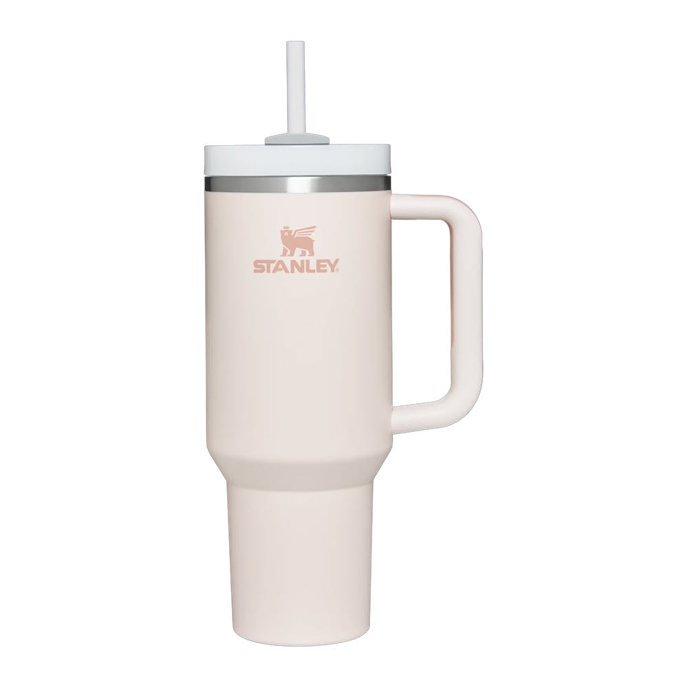 A STANLEY QUENCHER H2O FS TUMBLER 40OZ ROSE QUARTZ in white with a handle, FlowState lid, and straw, displaying the Stanley logo.