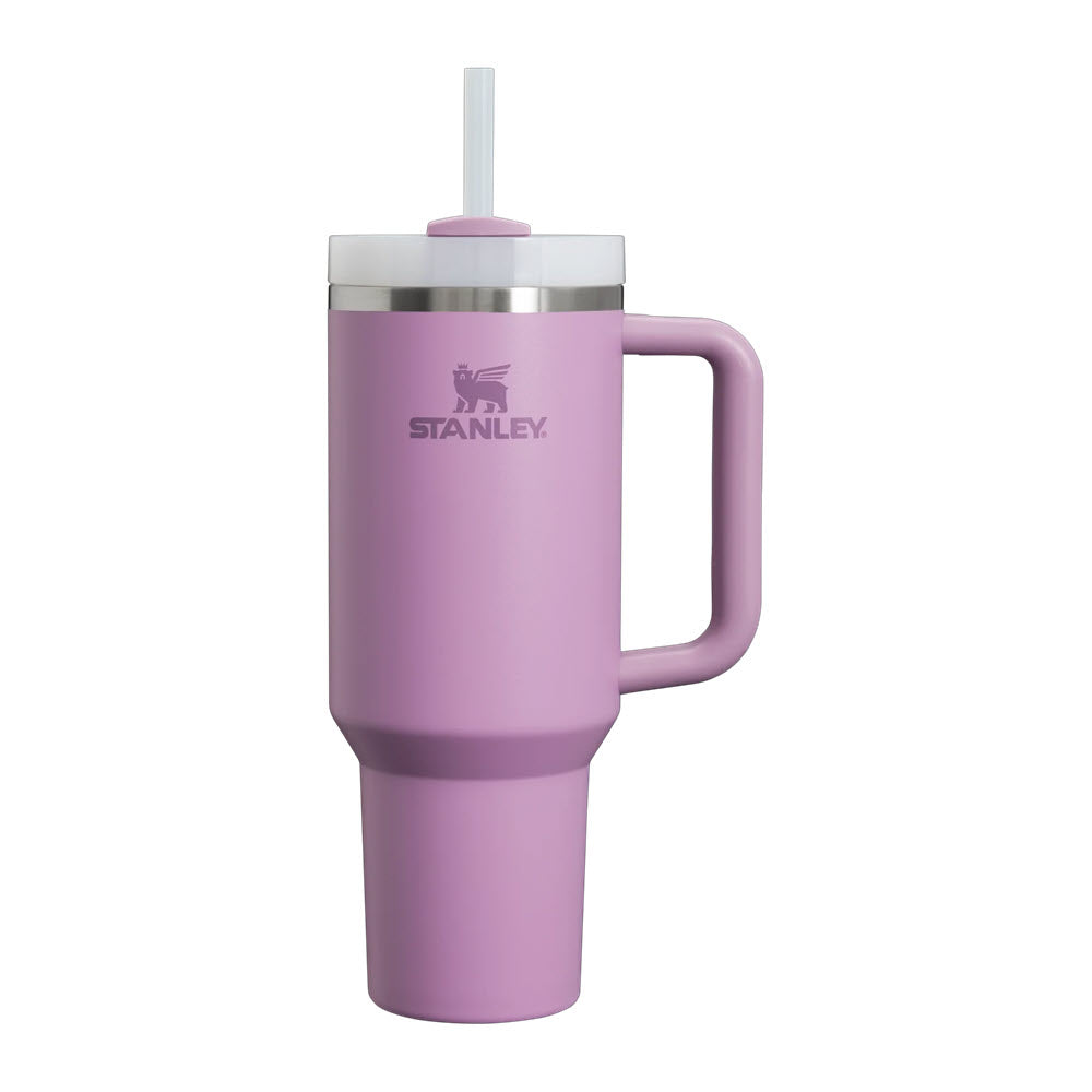A lilac Stanley QUENCHER H2O FS TUMBLER 40 with a handle and a FlowState™ lid, isolated on a white background.
