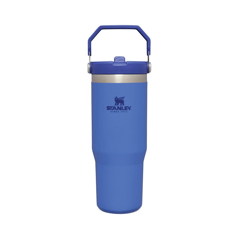 Blue Stanley IceFlow Tumbler 30oz Iris with a handle on a white background.