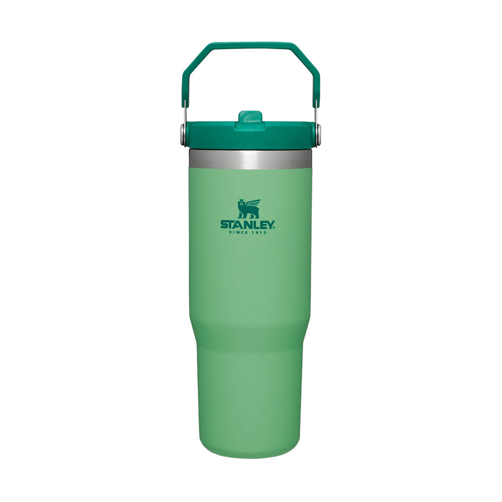 Green Stanley IceFlow Tumbler 30oz Jade with vacuum insulation and a handle on the lid, set against a white background.