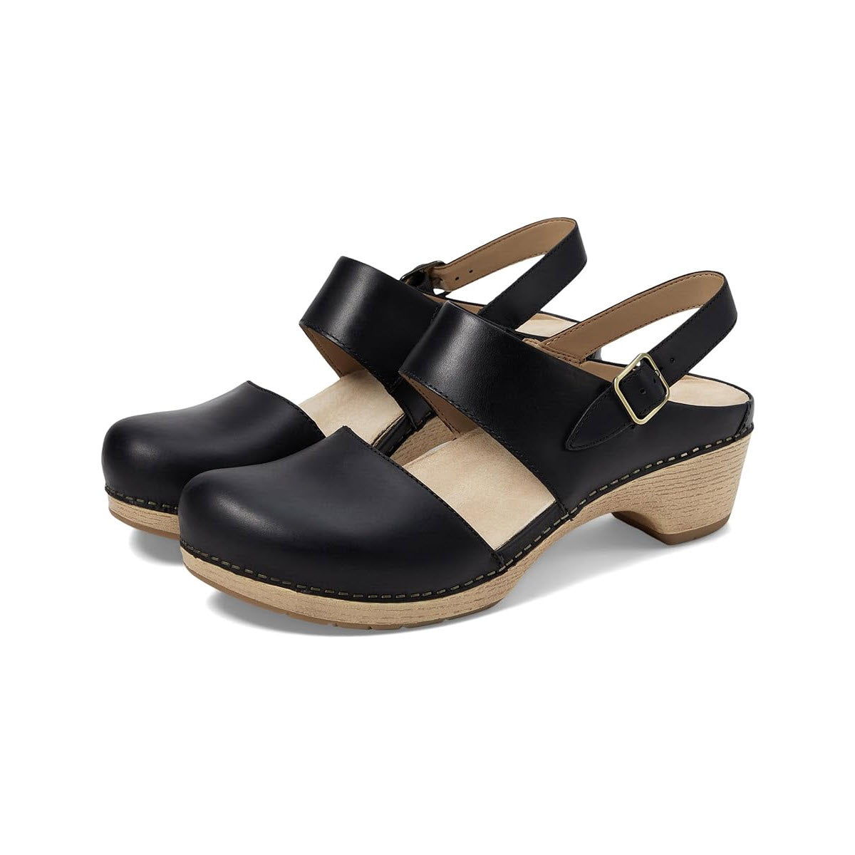 A pair of Dansko Lucia Black women&#39;s leather heeled sandals with an adjustable heel strap against a white background.