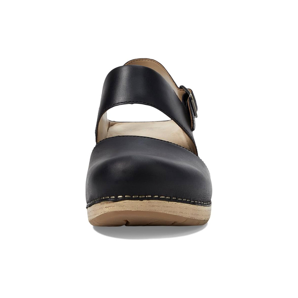Front view of a Dansko Lucia Black womens shoe with a closed toe, adjustable heel strap, and a layered wooden heel.